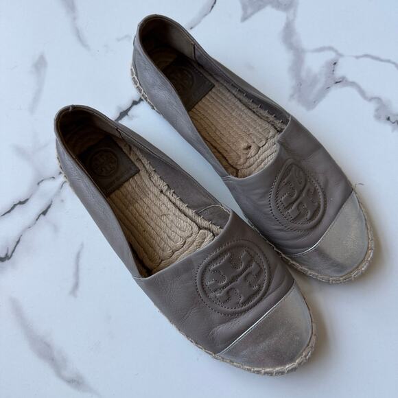 Tory Burch Benton Gray Silver Leather Espadrilles Size 8 - Picture 2 of 7